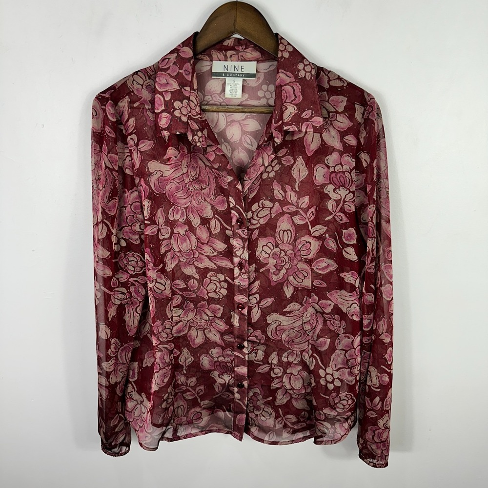 Nine & Company Blouse 12 Sheer Burgundy Floral Witchy Whimsigoth 90s Romantic